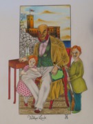 Fantasy Zeichnung, Vaterglück, Vater mit Kindern, Bleistiftzeichnung von Sebastian Misseling, Schizophrene Kunst "Es ist im Kopf"